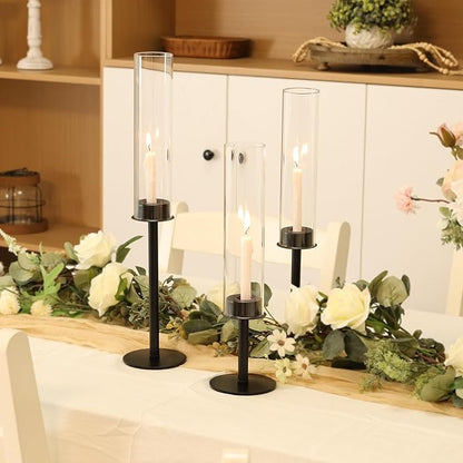 Hurricane Candle Holders Set of 3 Metal Candlestick Holder for Glass Taper Tall Candle Holders with Crystal Chimney Tube Candles Stands for Home Decor, Christmas, Dinning (3, Black)