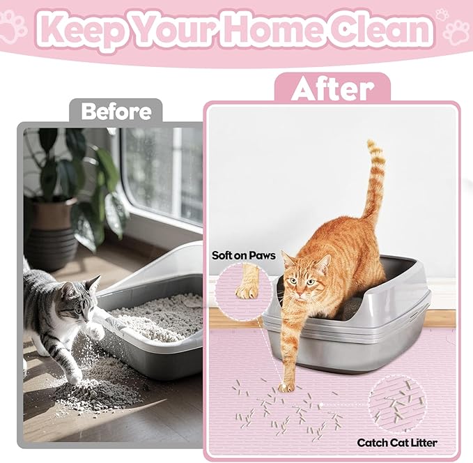 Cat Litter Mat, Extra Large 40" x 28" Silicone Mat Litter Trapping Mat for Scatter Control, Soft on Kitty Paws, Easy to Clean (Pink)-Mewly Pet