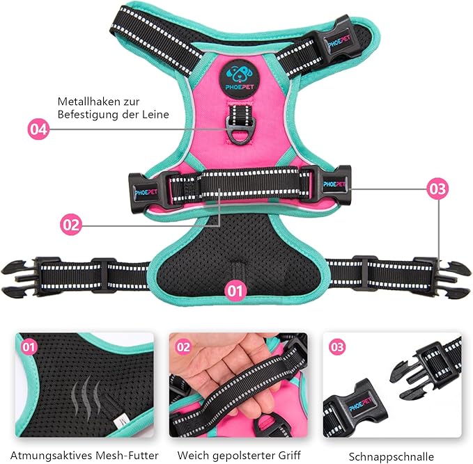 PHOEPET 2019 Upgraded No Pull Dog Harness, Reflective Adjustable Vest, with a Training Handle + 2 Metal Leash Hooks+ 3 Snap Buckles +4 Slide Buckles(XS, Pink)-Mewly Pet