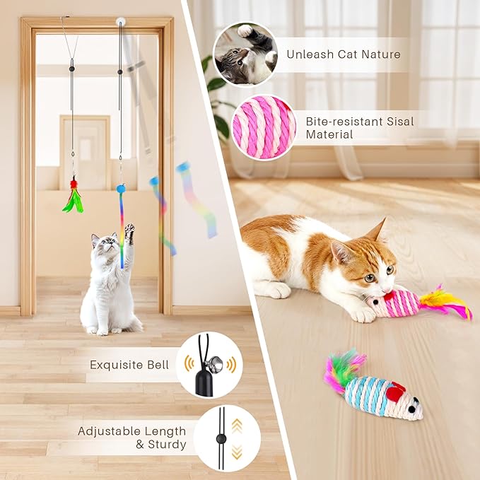 HONGDDY Cat Toys, 14Pcs 4 in 1 Indoor Adult Cat Interactive Toys, Hanging Door Kitten Wand with Suction Cup Removable Feathers Balls Mice Butterfly Streamers-Mewly Pet