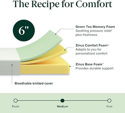 ZINUS 6 Inch Full Green Tea Memory Foam Mattress [New Version], Fiberglass free, Medium Firm Feel, Zoned Pressure Relief, Certified Safe Foams & Fabric, Mattress in A Box
