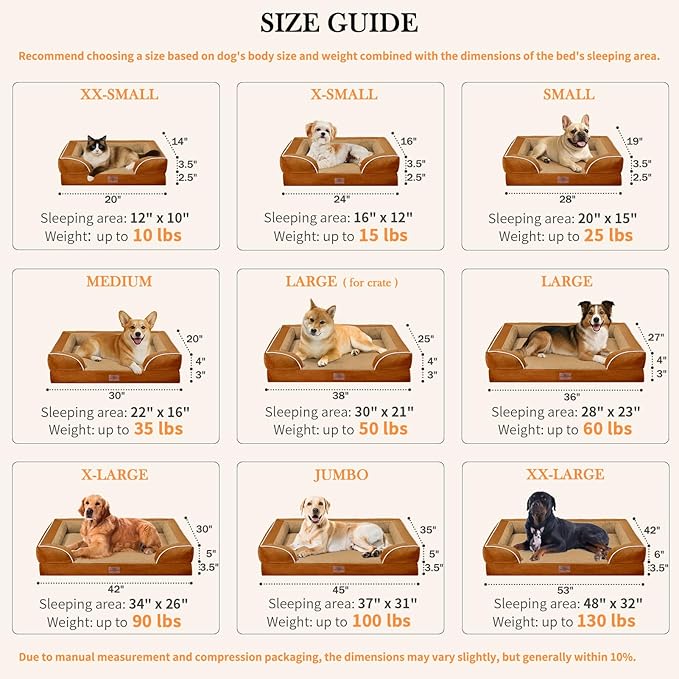 Comfort Expression XL Orthopedic Dog Beds, Waterproof Extra Large Dog Beds with Bolster, Washable Pet Sofa Couch with Removable Cover & Non-Slip Bottom(X-Large,Caramel)-Mewly Pet