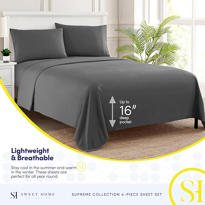 King Size Sheets - Breathable Luxury Bed Sheets with Full Elastic & Secure Corner Straps Built In - 1800 Supreme Collection Extra Soft Deep Pocket Bedding Set, Sheet Set, King, Gray