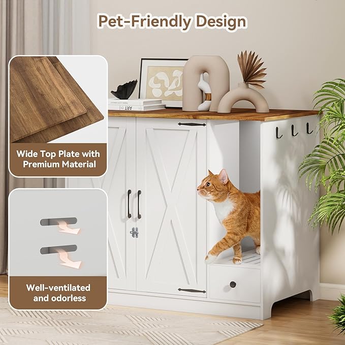 YUSING Litter Robot Enclosure, Cat Litter Box Furniture Hidden, Cat Litter Box Enclosure Cabinet Large with Double Doors and Pull-Out Drawer for Litter Robot-Mewly Pet