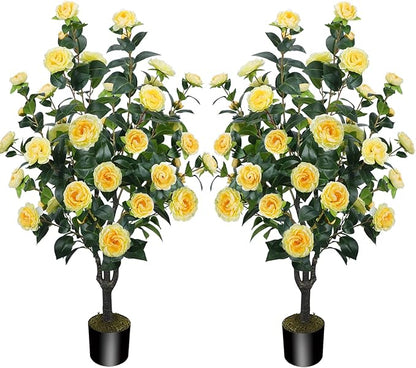 3.6FT Artificial Camellia Fake Tree, Artificial Plants & Flowers with 32 Yellow Flowers for Door Front Decoration Porch Patio Living Room Office Indoor Outdoor Decor (2PCS Contains Dried Moss)