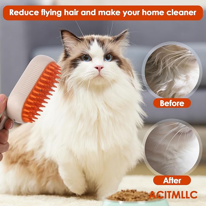 4 in 1 Cat Steam Brush for Shedding, Cleaning, Massage & Smooth, USB Rechargeable Pet Spray Hair Removal Comb, for Indoor Long/Short Haired Cats & Dogs (White)-Mewly Pet