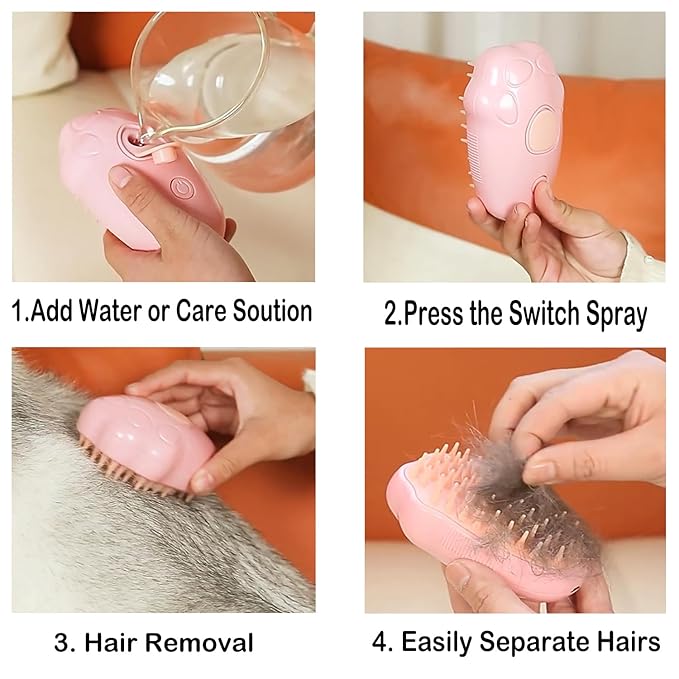 Steam Brush for Cats, Spray Comb Mist Brush, Rechargeable Steam Pet Brush for Dogs and Cats, Self-Cleaning 3-in-1 Cat Hair Brush with Steam for Long and Short Hair for Cats and Dogs (pink)-Mewly Pet
