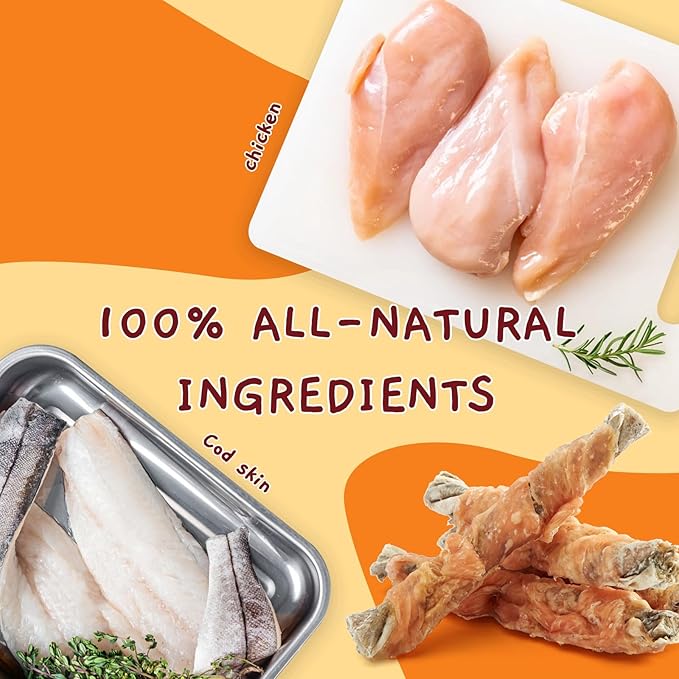 Jungle Calling Dog Treats, High Protein Dog Chewy Treats Health Teeth and Coat, Chicken Wrapped Cod Skin Sticks, Rawhide-Free Cod Fish Skin Treats for Dogs, 10.6 oz-Mewly Pet