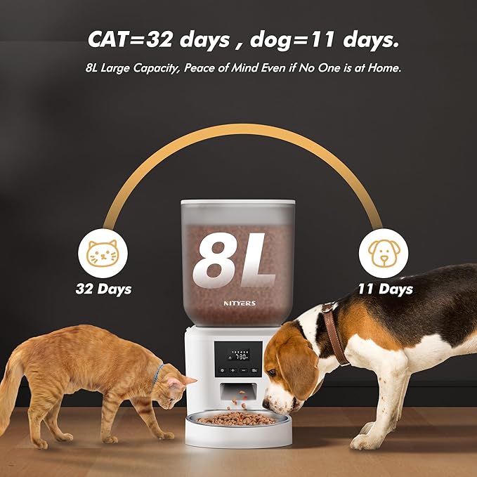 Automatic Dog Feeder - 8L/34 Cups Large Capacity Automatic Cat Food Dispenser with LCD Screen, Large Food Tray, Battery Operated, Timed Cat Feeder, Up to 50 Portions 6 Meals Per Day, Keeps Fresh-Mewly Pet