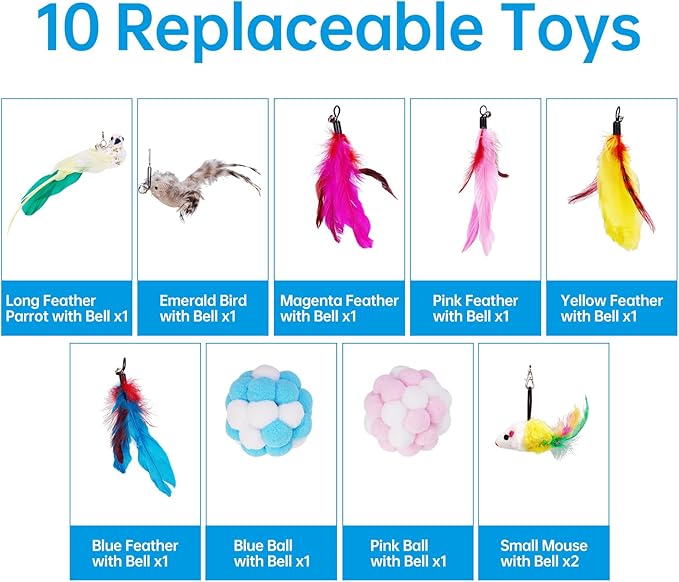 ZooZoo 14PCS Interactive Cat Feather Toy Set for Indoor Cats, Active Play Kit with Door Hanging Toy, Double-Sided Suction Cat Wand with Feathers, Mice & Fur Balls, Encourages Hunting, Jumping, Chasing-Mewly Pet