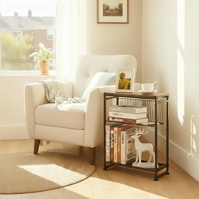 Small Side Table for Small Spaces - Slim End Table with Magazine Holder - 2 in 1 Design Narrow End Table Living Room - Skinny Bedside Table Nightstand Bedroom Thin Side Table, Rustic Brown