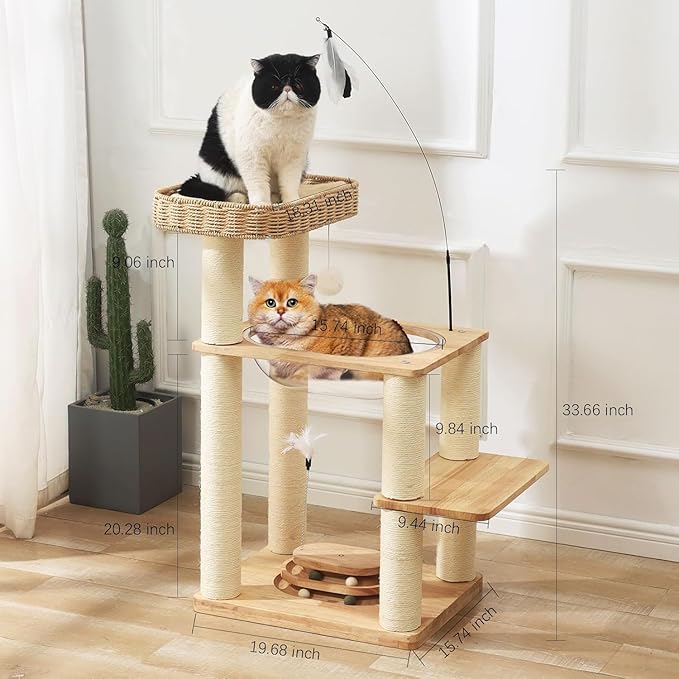 34 Inch Solid Wood Cat Tree Tower with Space Capsule, Hand-Woven Basket Nest, Feather Toy, Hanging Balls, Sisal Posts, 4-Tier Indoor Climbing Cat Tower for Kittens-Mewly Pet
