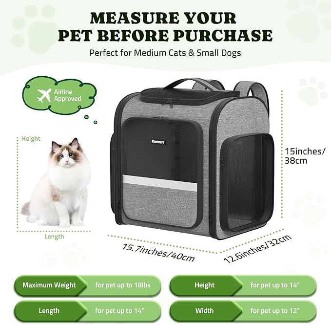 Pawtners Dog Backpack Carrier Large Pet Carrier Backpack for Kitten Small Dogs Puppies & Large Cats Up to 18 Lbs, Breathable Dog Backpack with Anti-Scratch Mesh, Ventilated Design, Perfect for Travel-Mewly Pet