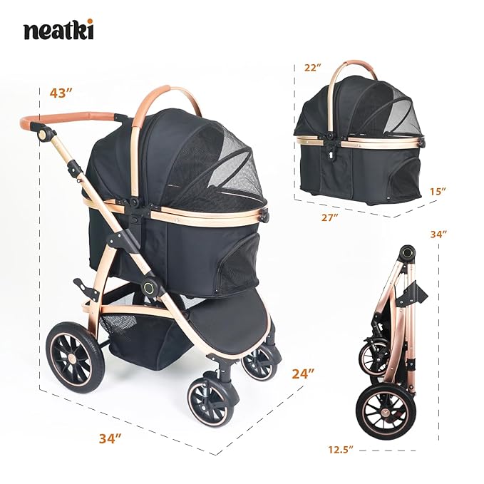 3 in 1 Pet Stroller - Stroller for Small to Medium Dogs and Cats up to 55 lbs, with Detachable Carrier/Car Seat, Foldable and Lightweight, Detachable Cushion + Cup Holder (Black/Gold)-Mewly Pet