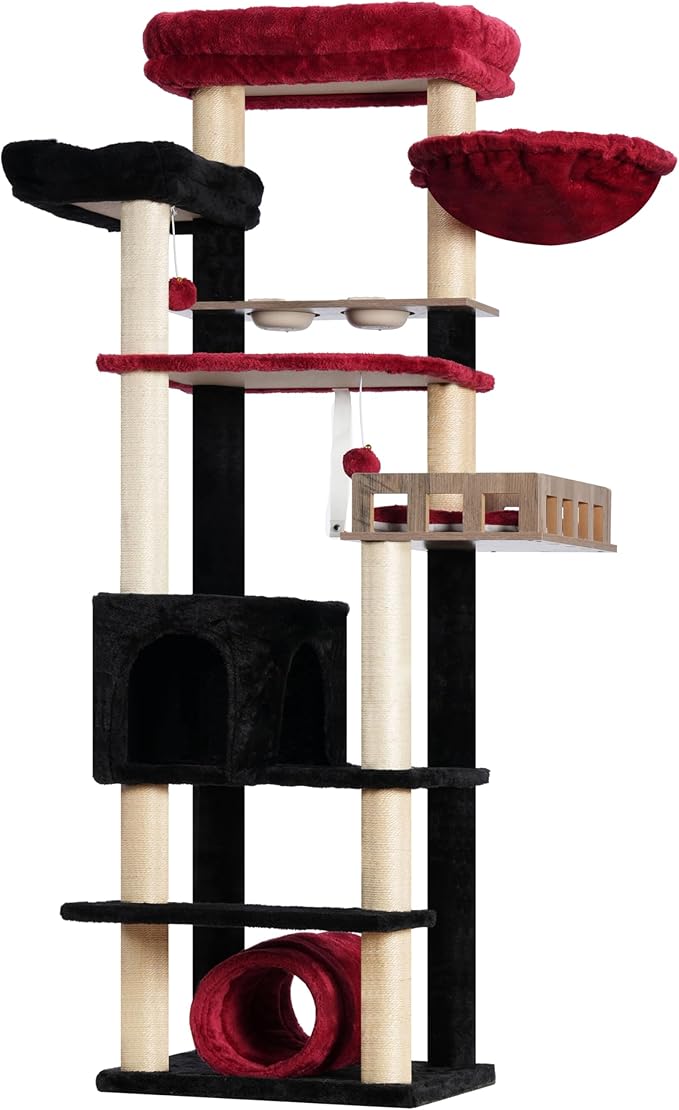 Cat Tree with Tunnel, Cat Tower for Indoor Cats, Tall Gothic Cat Tree Tower with Cat Condo, Food Station, Large Platform, Scratching Posts, Hammock, Black and Red GCT021BR-Mewly Pet