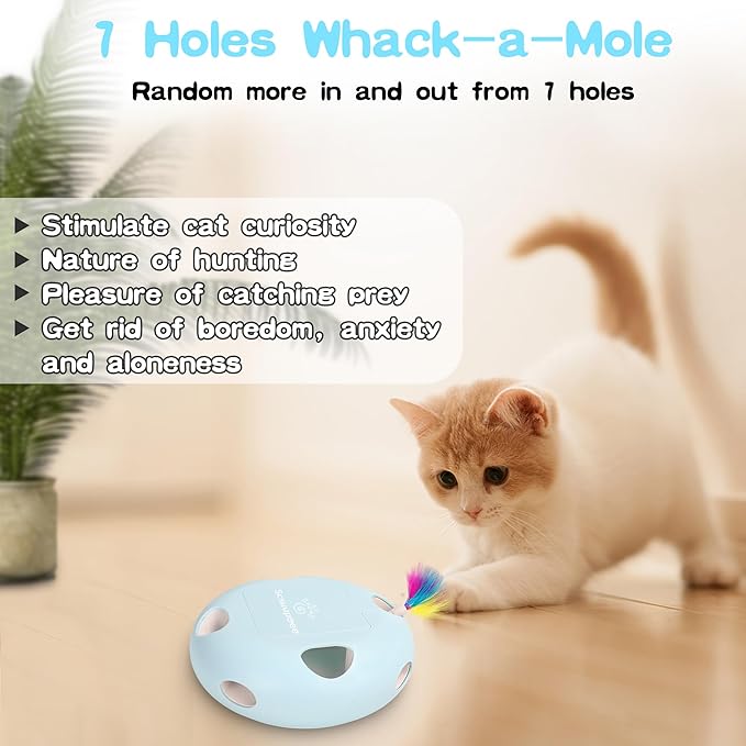 IInteractive Cat Toy, Electric Cat Toys for Moving Concealed Feathers, Smart Sensor 7 Holes Whack a Mole Feather Toy, USB Charge Automatic Kitten Toys,Blue-Mewly Pet
