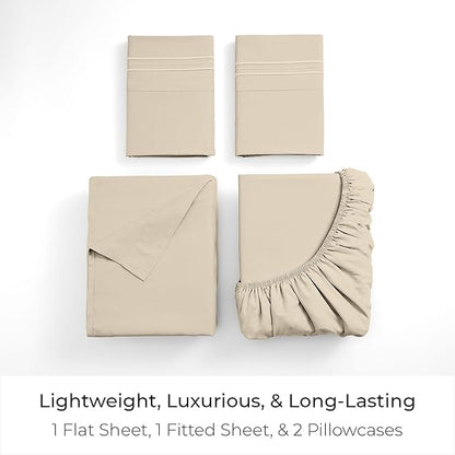 Mellanni King Sheets Set - 4 PC Iconic Collection Bedding - Hotel Luxury, Extra Soft, Cooling Bed Sheets - Wrinkle, Fade, Stain Resistant (King, Beige)