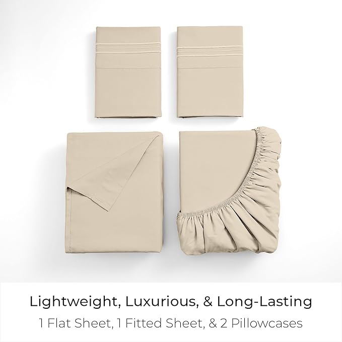 Mellanni California King Sheets Set - 4 PC Iconic Collection Bedding - Hotel Luxury, Extra Soft, Cooling Bed Sheets - Wrinkle, Fade, Stain Resistant (Cal King, Beige)
