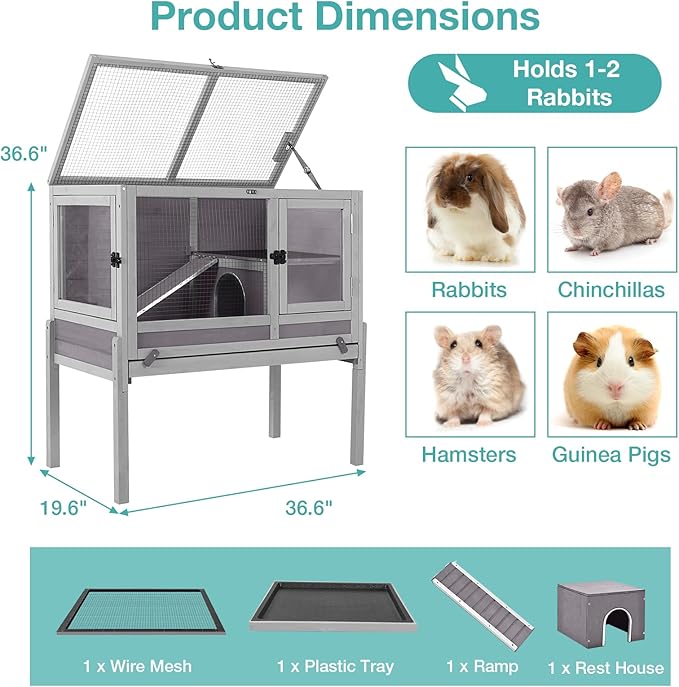 Guinea Pig Cage with Wooden Stand,Indoor Rabbit Hutch with 2 Stories,Hamster Cage with Anti Chew Ramp,Hideout, Platform, Pull Out Tray (Grey)-Mewly Pet