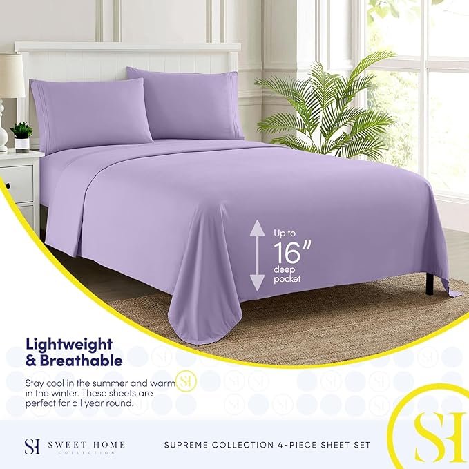 Queen Size Bed Sheets - Breathable Luxury Sheets with Full Elastic & Secure Corner Straps Built In - 1800 Supreme Collection Extra Soft Deep Pocket Bedding Set, Sheet Set, Queen, Lavender