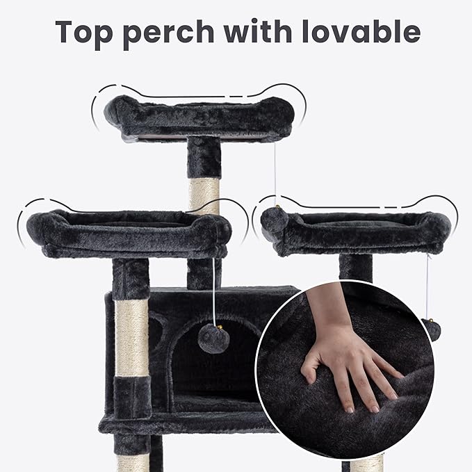 SHA CERLIN 68 Inches Multi-Level Large Cat Tree for Large Kitties/Big Cat Tower with Condo/Cozy Plush ‌Pussycat Perches/Sisal Scratching Posts and Hammocks/Activity Center/Dark Grey-Mewly Pet