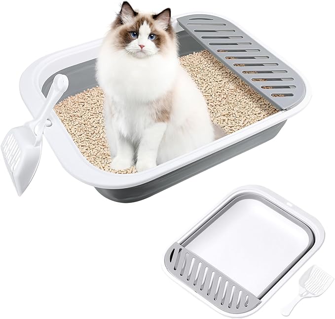 Cat Litter Box for Travel, 18"×14" Grey Small Litter Box for Open Foldable Waterproof Litter Pan,Kitty Litter Box Easy to Clean and Assemble, Portable Litter Box with Scoop-Mewly Pet