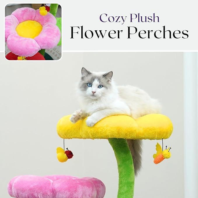 Catry 5-Level 40" Colorful Garden Style Cat Tree with Flower Perches, Leaf Hammock, Fruit Condo, Natural Sisal Scratching Post, Bee Toys, Parts Replaceable-Mewly Pet