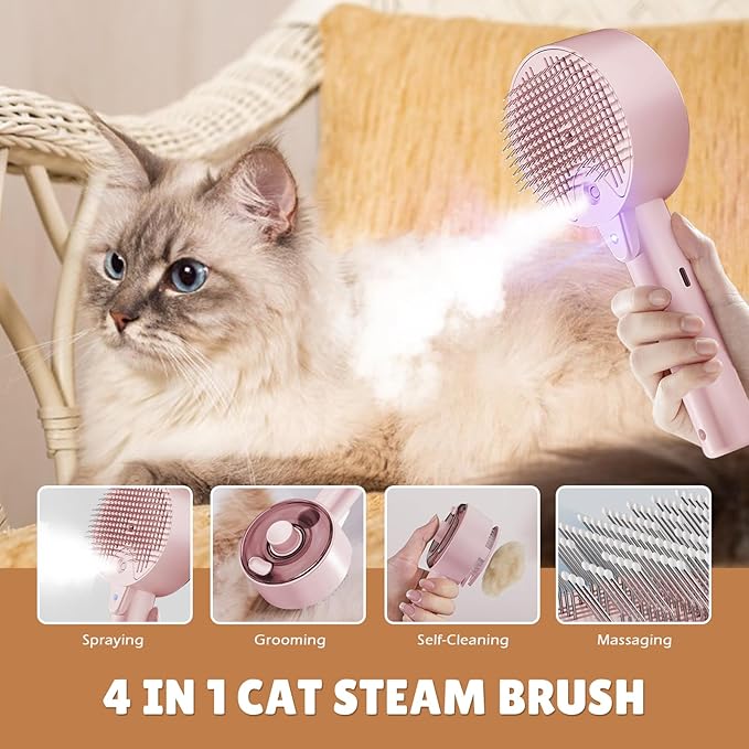 Cat Steam Brush,Cat Brushes for Indoor Cats, 4 In 1Spritz Spray Defur Comb, Cloud Care Shedding Control, Pet Grooming Brush for Long Short Hair Cats Dogs, Massage Clean Design Pet Steam Brushes-Mewly Pet