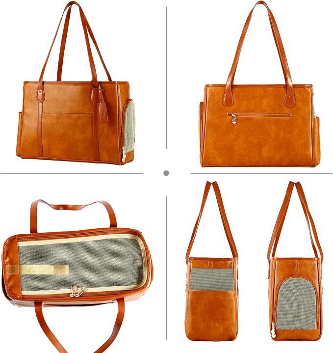 Stylish Dog Purse Carrier, Leather Pet Carrier Bag for Small Dogs Cats Puppy, Airline Approved Soft-Sided Carrier Brown-Mewly Pet