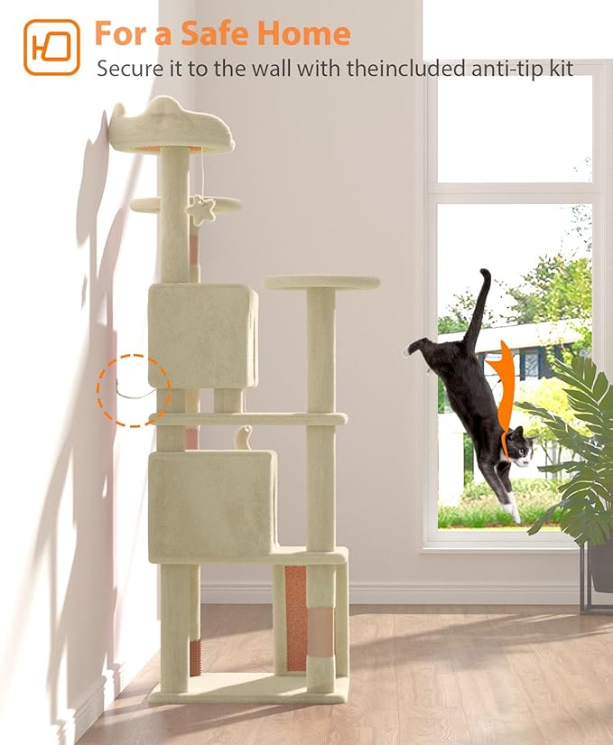 60'' Cat Tree Tower for Indoor Cats Large Adult,Cute/Tall Modern Cat Tree for Big Cats 20 lbs, Plush Multi-Level Cat Condo with Scratching Posts, Dangling Ball Indoor (Beige, 60 inch)-Mewly Pet