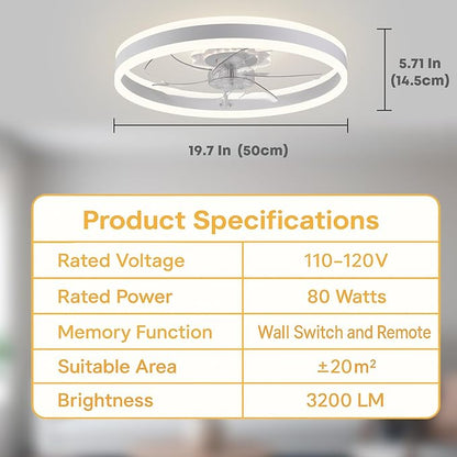 Ceiling Fan with Light, Upgraded 20‘’ Low Profile Fan, Flush Mount Ceiling Fan, 6 Speeds, Dimmable LED, App & Remote Control, Quiet DC Motor, for Bedroom, Living Room, F105 White