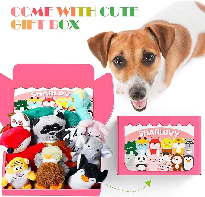 SHARLOVY Dog Squeaky Toys for Small Dogs,Stuffed Animal Puppy Toy,Cute Puppy Chew Toy for Dog Teething, for Small to Medium Dogs,Soft Plush Pet Toys Pack 12 in Gift Box-Mewly Pet