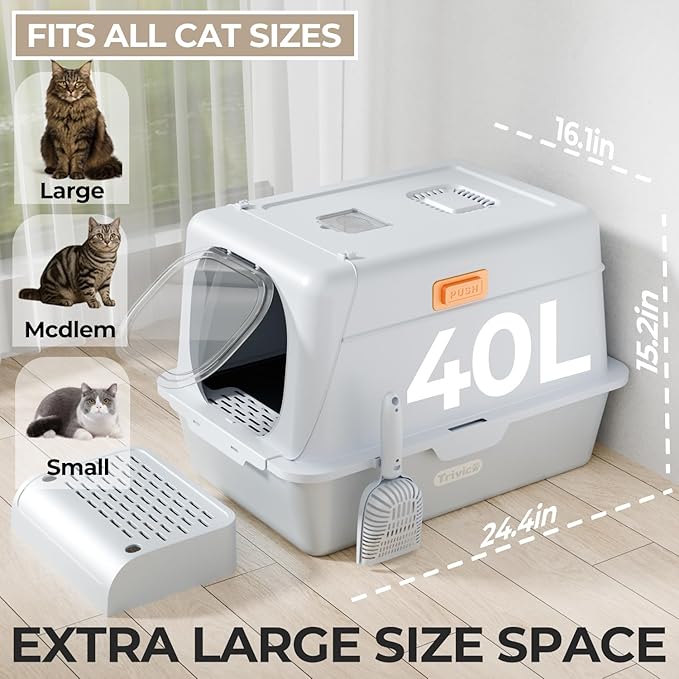 XX-Large Stainless Steel Cat Litter Box with Lid – Fully Enclosed Large Litter Box for Big Cats, Odor Control with Magnetic Door, Easy Clean, Multi-Cat Durable Metal Pan.(White-Gray)-Mewly Pet