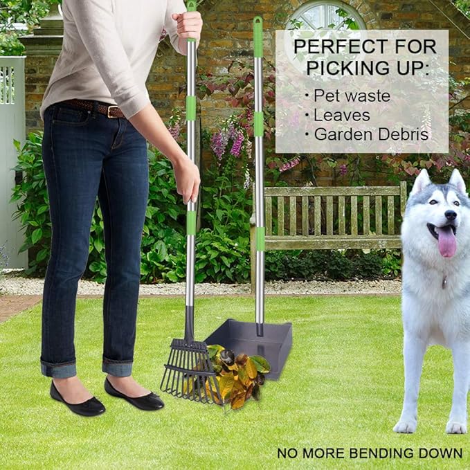 TNELTUEB Extra Large Dog Pooper Scooper, Metal Pet Poop Tray & Rake Set, Adjustable Long Handle for Large Dogs - Great for Grass/Street/Gravel-Mewly Pet