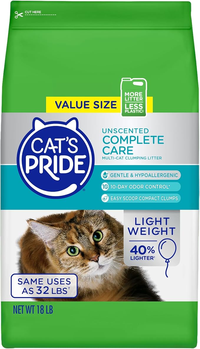 Cat's Pride Premium Lightweight Clumping Litter: Complete Care - Up to 10 Days of Powerful Odor Control - Hypoallergenic - Multi-Cat, Unscented, 18 Pounds-Mewly Pet
