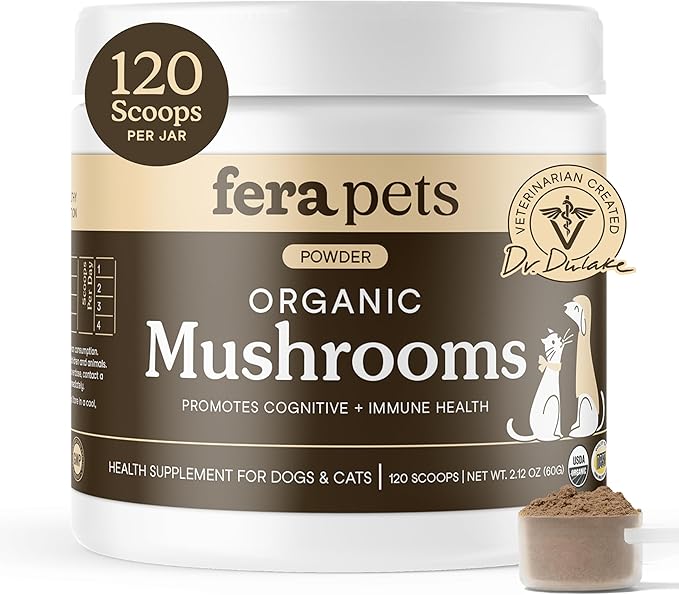 Fera Pets Mushroom Supplement for Dogs & Cats with Turkey Tail - USDA Organic - Cognitive and Immune Support - Enhances Liver Function - Supports a Healthy Gut - Powder - 120 Scoops-Mewly Pet