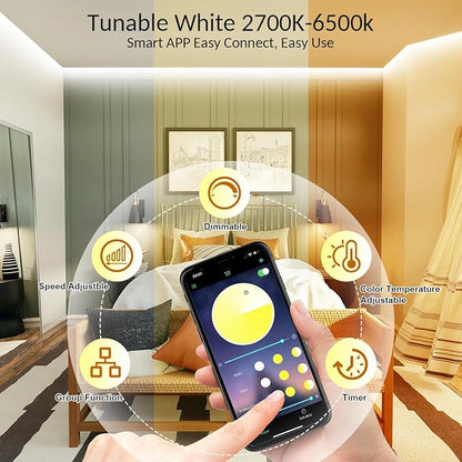 White LED Strip Lights, 100ft Dimmable Bright 24V Led Tape Light with Remote and App Control, 2700K-6500K White 1800 LEDs Lights for Bedroom, Kitchen, Ceiling (2 Rolls of 50ft)
