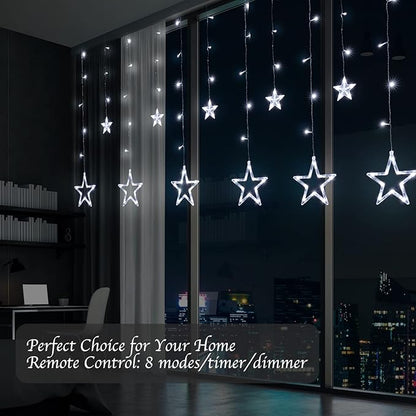 Star Curtain Lights for Bedroom - Plug-in 9ft 138 LED Fairy Twinkle Lights with 12 Star Drops, Connectable Window Lights with Remote 8 Lighting Modes for Indoor Xmas Ramadan Decoration, White