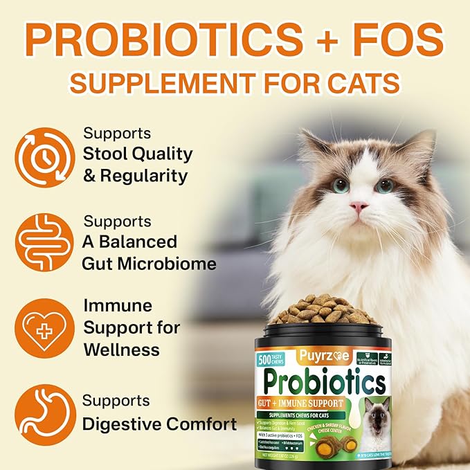 Cat Probiotics & FOS, Gut + Immune Support - 500 Chews Crunchy & Creamy Cheese Core, Probiotic for Digestive and Gut Health, Immunity, Constipation Relief for Cats Kittens - Chicken Shrimp-Mewly Pet