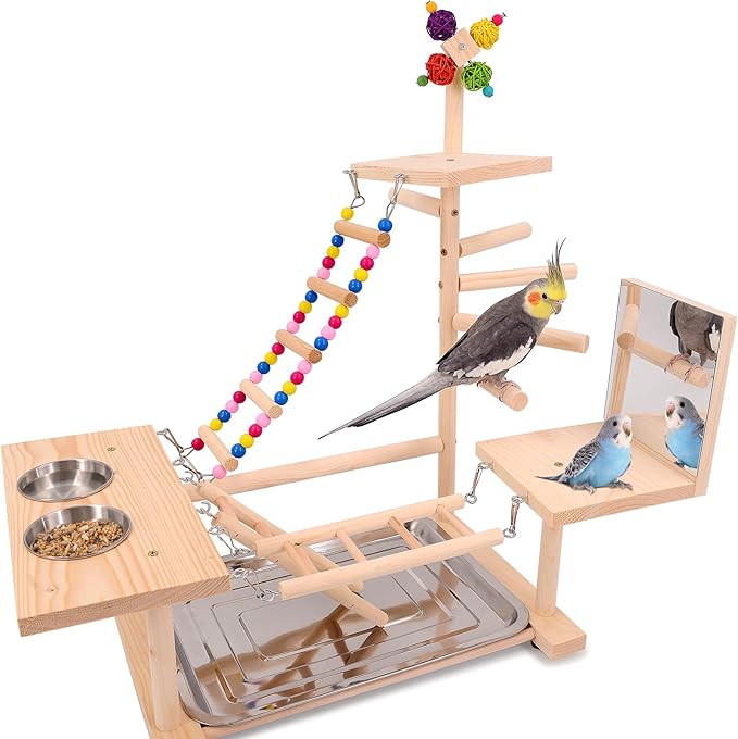 Wooden Bird Parrots Playground, Bird Perch Stand, with Bird Ladder Chewing Toys, Out of Cage Accessories-Mewly Pet