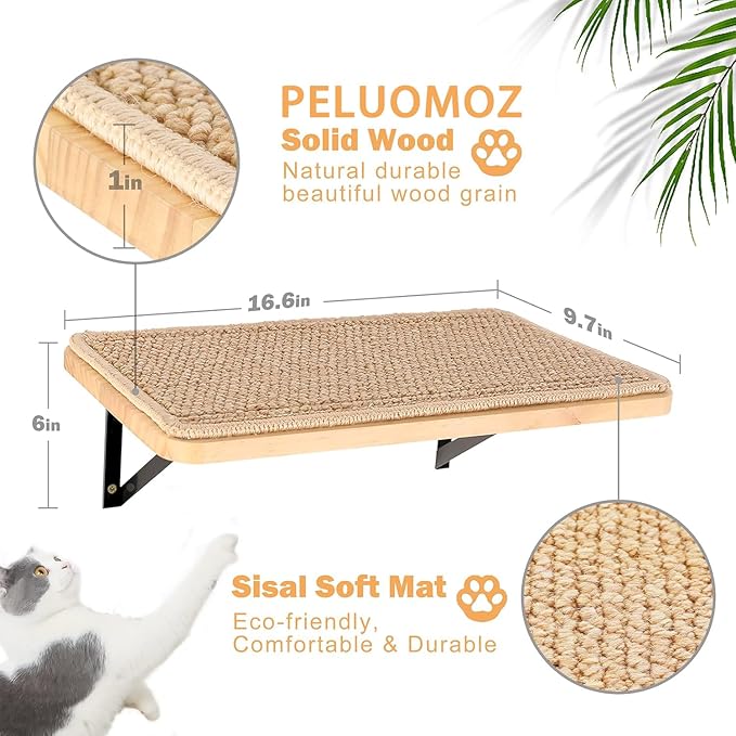 2PCS Cat Wall Shelves with Scratching Mat, 16.6x9.7 Inch Large Cat Wall Hammock Cats Furniture Shelf Window Perch Wall Mounted Beds for Household Pets Sleeping, Playing, Climbing-Mewly Pet