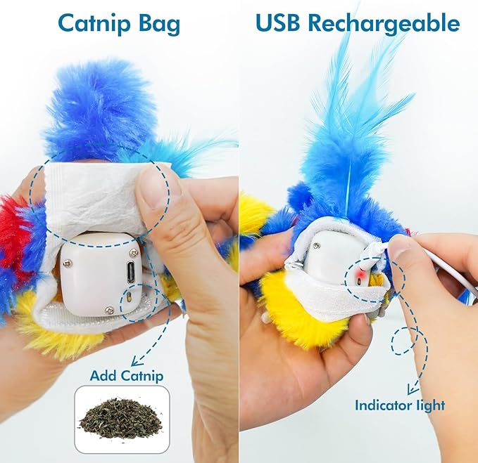 Vannon Cat Toys Flapping Bird(Cannot Fly), Rechargeable Touch Activated Kitten Toy Interactive Cat Exercise Toys with Catnip and Feather for Indoor Cat - Bule-Mewly Pet