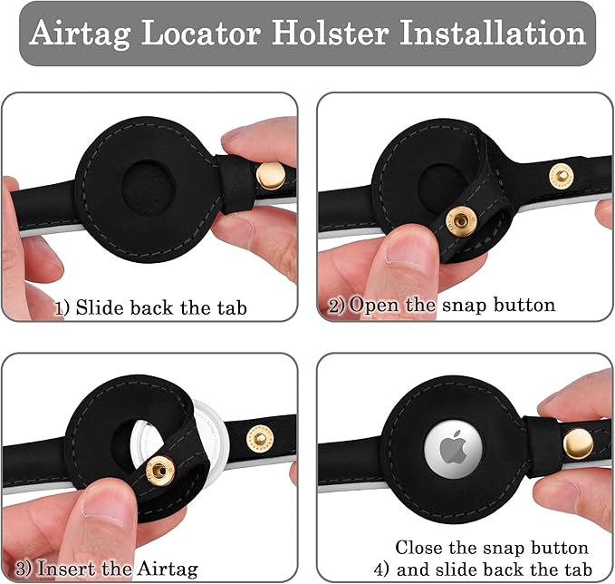 OOPSDOGGY Rolled Leather Dog Collar with Airtag Holder - Reflective Round Airtag Dog Collar - Soft Tracking Pet Collar for Small Dogs Puppy Cats Kitten (Black, XXL, 20"-24")-Mewly Pet