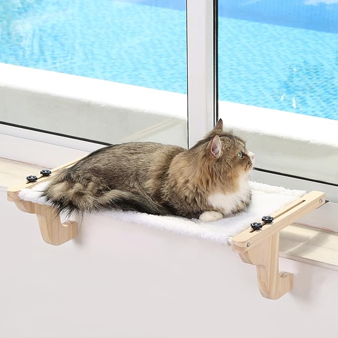 Easy Seat Cat Perch for Window Sill - Hammock Design w/Pine Wood & Robust Metal Frame - Cat Window Seat for Large Cats and Kittens (Natural Color Wood w/White Bed, Medium (23''W x 14''D))-Mewly Pet