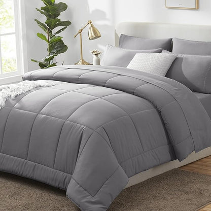 CozyLux Full Size Comforter Sets Grey, 7 Pieces Bed in a Bag, Gray Comforter Full Size, All Season Bedding Sets with Stitch Quilted Comforter, Flat Sheet, Fitted Sheet, Pillowcases
