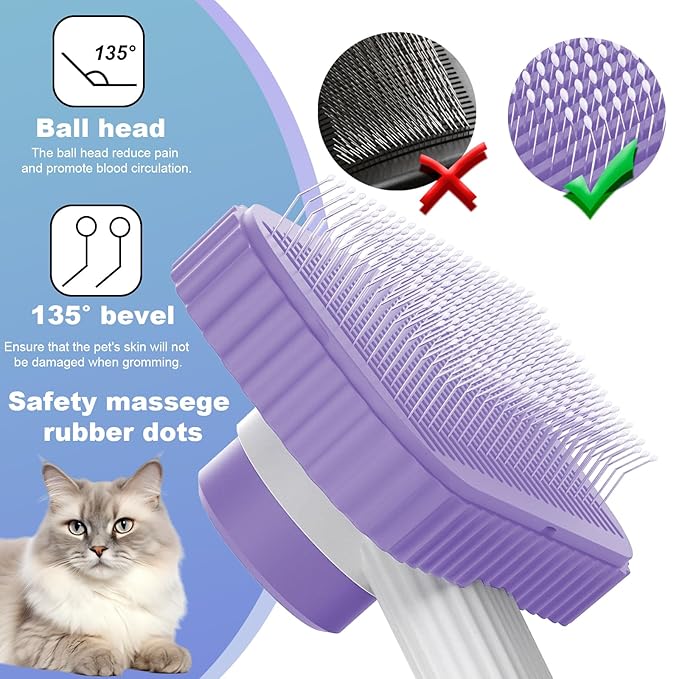 Cat brush, Cat Brush for Long or Short Haired Cats, Remove Loose Fur and Mats, Rounded Pins Reduces Painful Pulling, Not for Tangle and Curly Fur, Violet-Mewly Pet