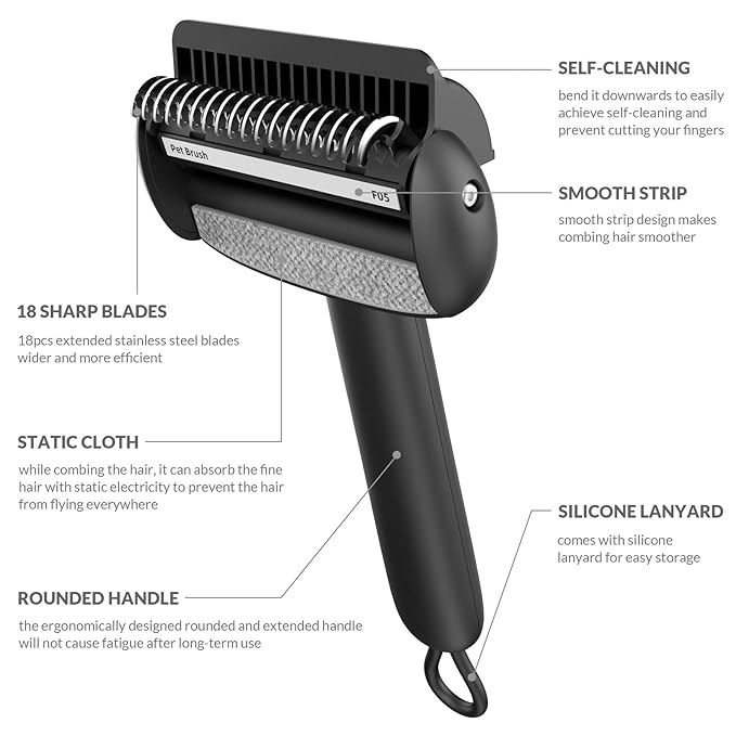 Self Cleaning Grooming Brush for Shedding Pets Rake Gently Removes Loose Undercoat Mats Tangled (Black)-Mewly Pet