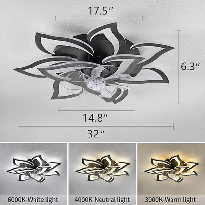 Modern Ceiling Fan with Lights Remote Control, 32" Black Ceiling Fan with Light, 6 Speeds 3 Light Color Low Profile Flush Mount Ceiling Fan for Kitchen Bedroom