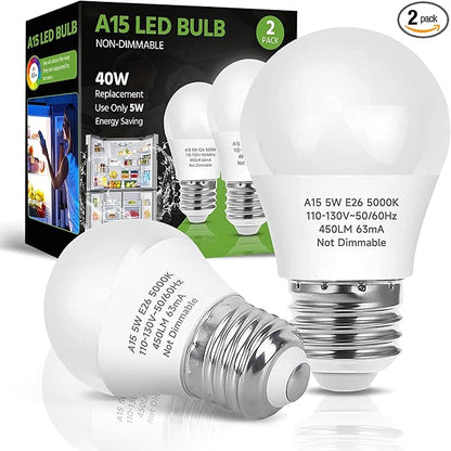 LED Refrigerator Light Bulb, 40W Equivalent LED A15 Bulb, 5W Daylight 5000K E26 Medium Base, Waterproof Appliance Bulb for Fridge Freezer Ceiling Fan, Non-Dimmable, 2 Packs