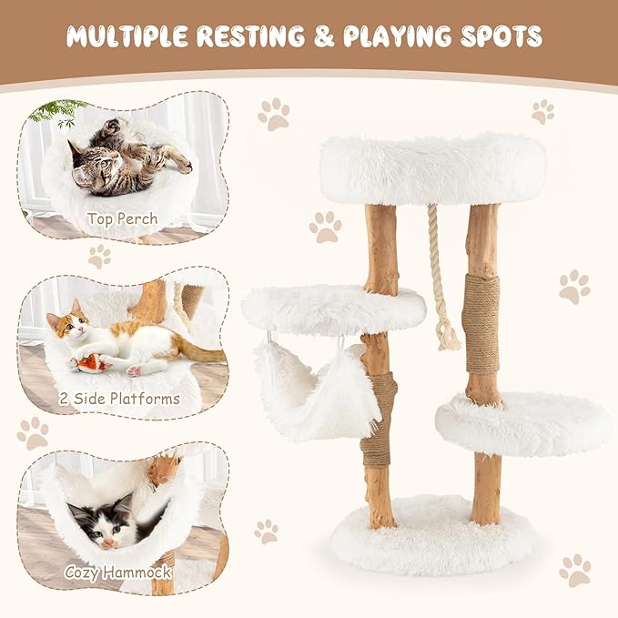Tangkula Cat Tree Tower, Solid Wood Modern Cat Tower with Cozy Top Perch, 2 Platforms & 1 Hammock, Natural Branch Cute Cat Tree with Scratching Posts & Sisal Rope for Indoor Cats-Mewly Pet